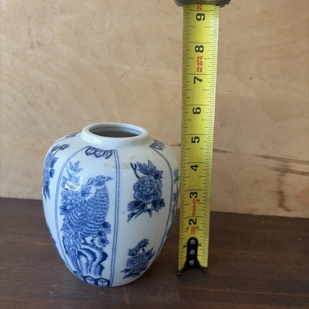 VINTAGE CHINESE STAMPED CHINA BLUE & WHITE GINGER JAR BIRD FLORAL MOTIF 5'